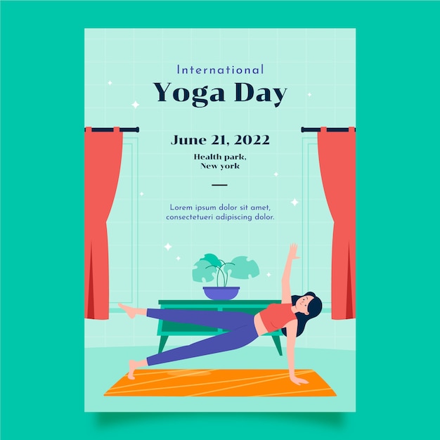 Volantino o poster piatto disegnato a mano per la giornata internazionale dello yoga