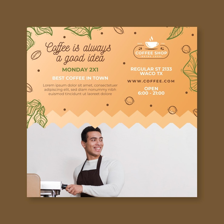 Vettore gratuito volantino quadrato modello di caffetteria