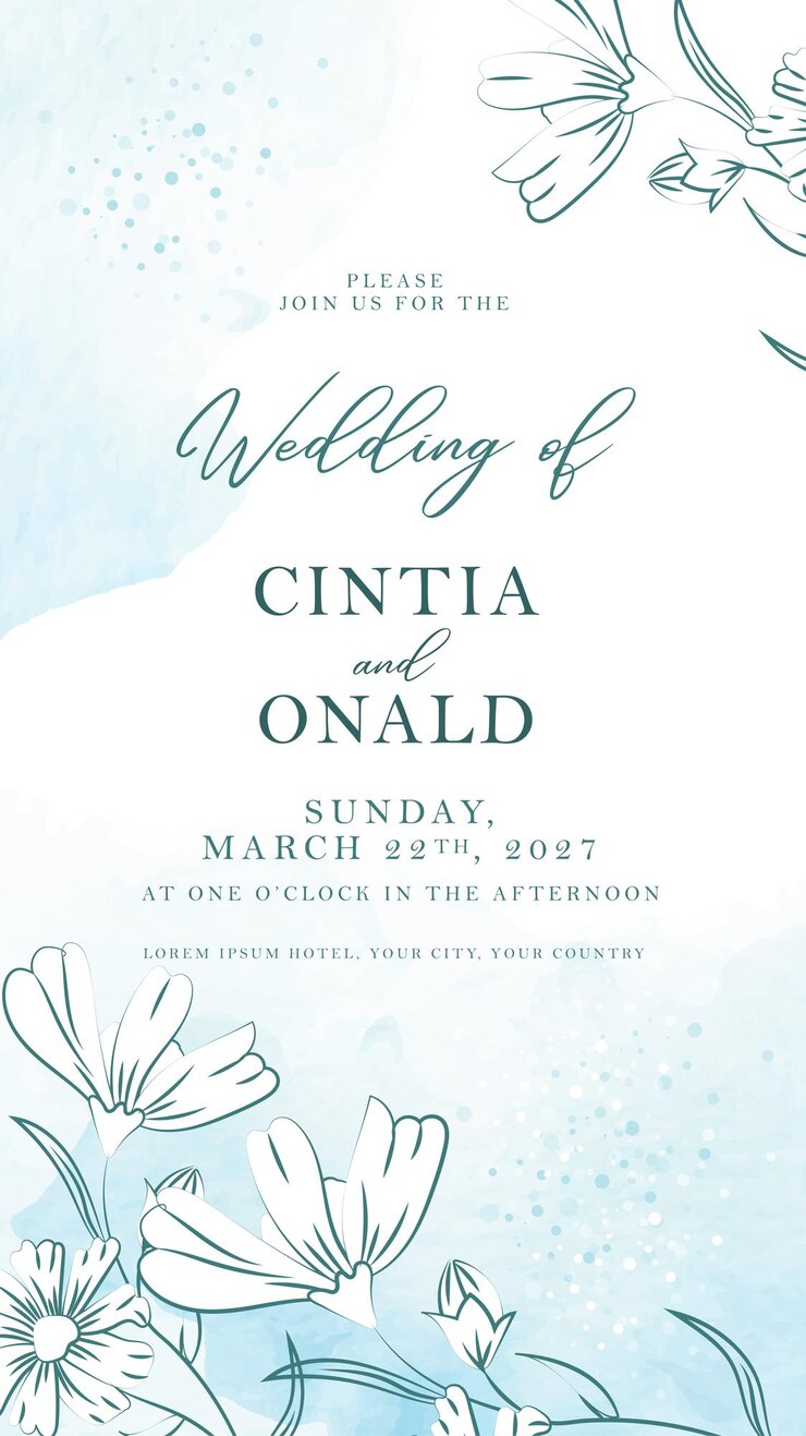 Vettore gratuito wedding invitation with white flowers on blue splash background