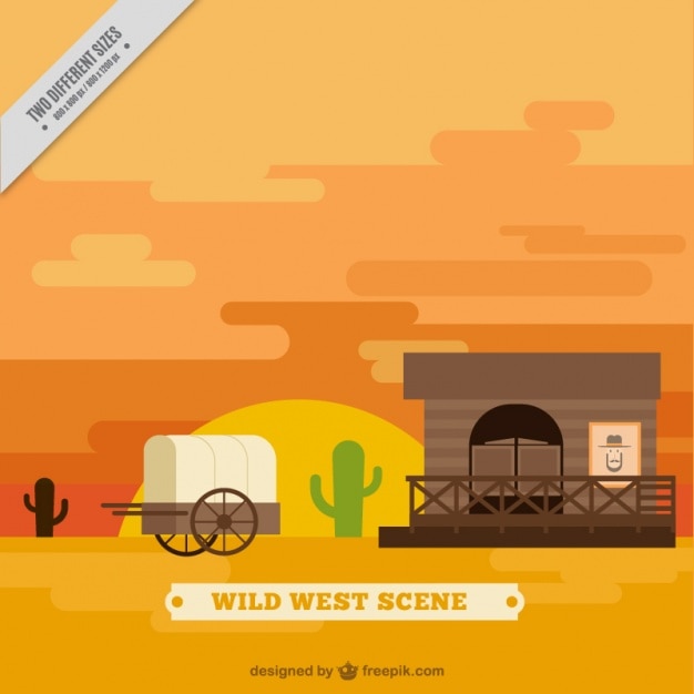 Vettore gratuito wild west di sfondo piatto con carrello e salone