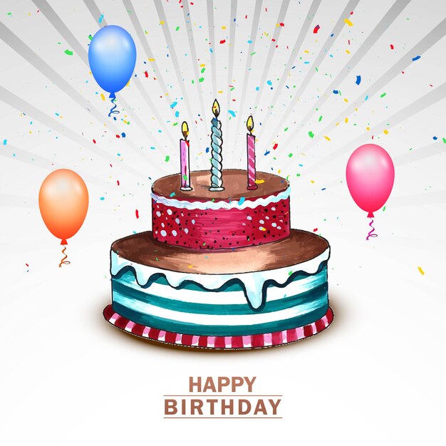X9Bella torta di compleanno con palloncini volanti su sfondo bandiera
