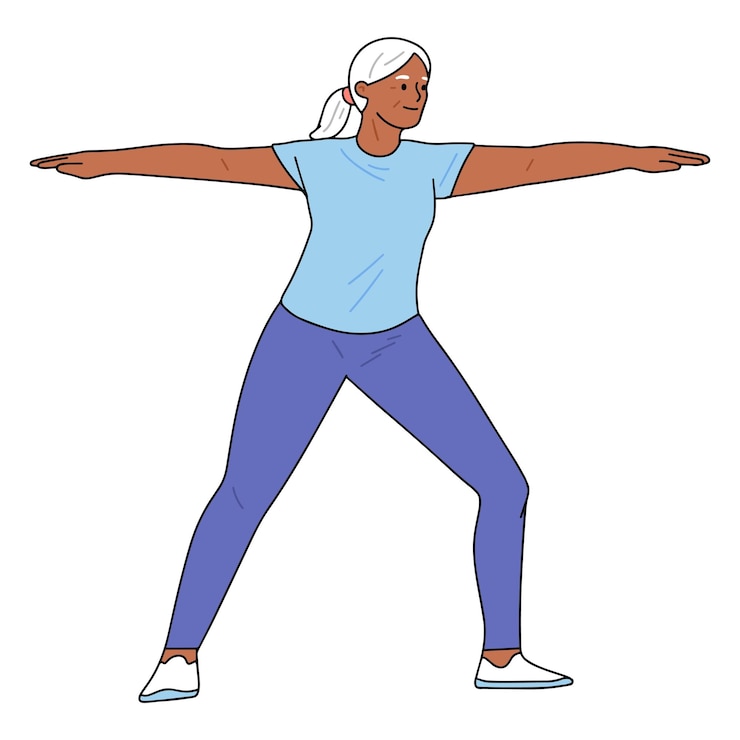 Vettore gratuito xillustrazione di una vecchia in postura di yoga guerriero