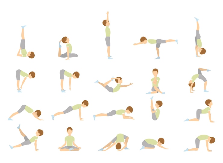 Vettore gratuito yoga per bambini pose isolate e asana per bambini su sfondo bianco