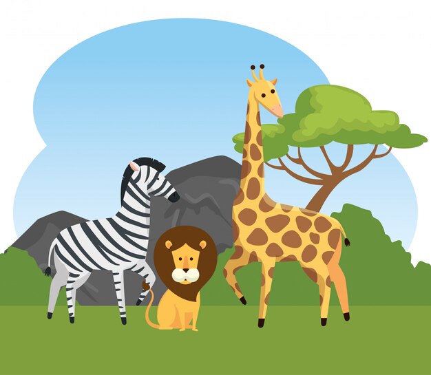Zebra con animali selvatici leone e giraffa