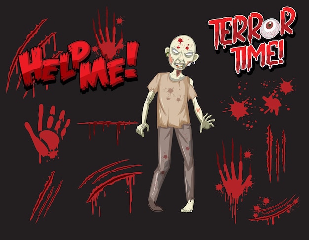 Zombie con schizzi di sangue e impronte di mani