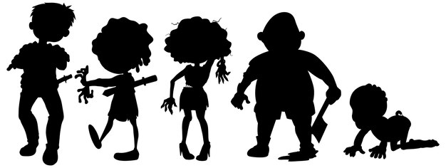 Zombie in silhouette nel personaggio dei cartoni animati su bianco