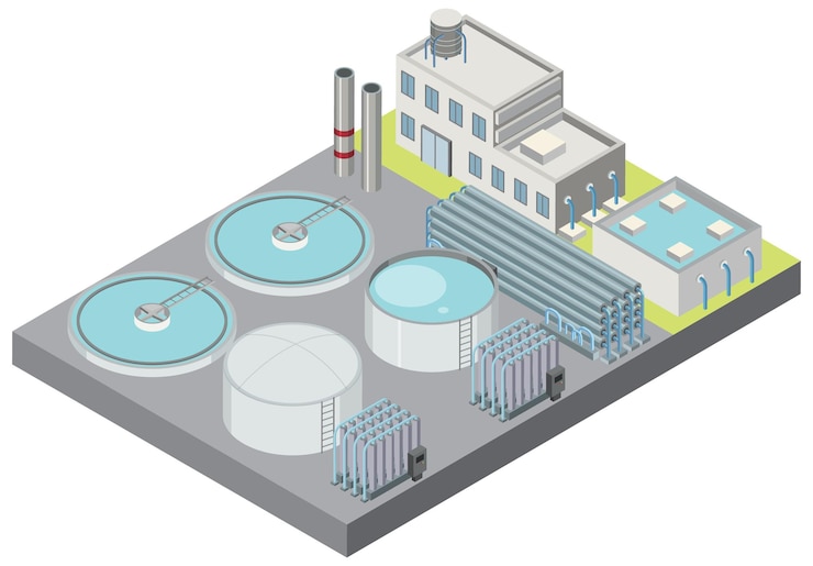 Vettore gratuito zona industriale isometrica dell'impianto di dissalazione
