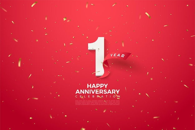 1 ° anniversario con numeri e nastro rosso curvo.