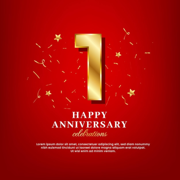 1 anno di anniversario di numeri d'oro che celebra il testo e il testo di congratulazioni per l'anniversario con coriandoli dorati sparsi su sfondo rosso