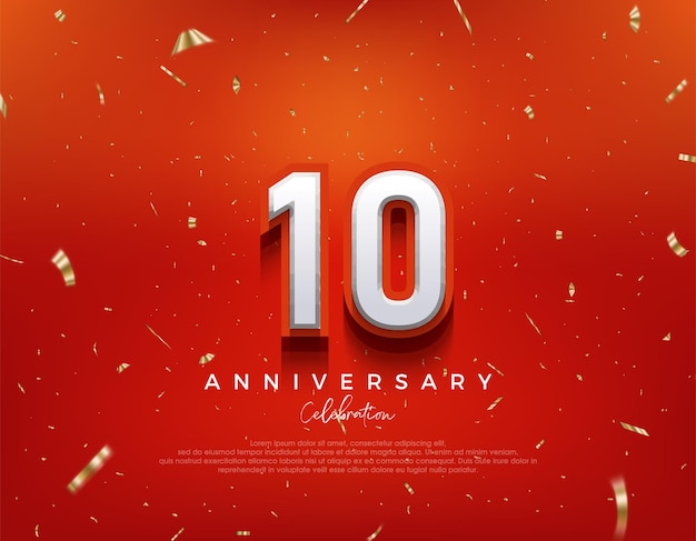 10° anniversario con numeri 3d bianchi su sfondo rosso fantasia Sfondo vettoriale premium per saluti e festeggiamenti
