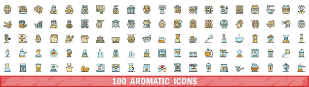 100 icone aromatiche impostate in stile linea di colore