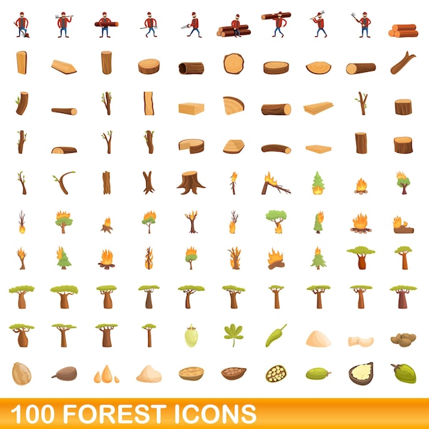 100 icone della foresta impostate. Cartoon illustrazione di 100 icone della foresta insieme vettoriale isolato su sfondo bianco