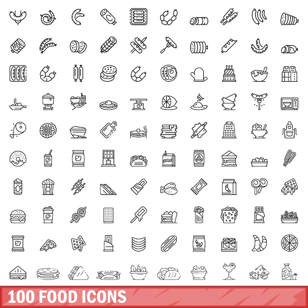 100 icone di cibo hanno impostato lo stile del contorno