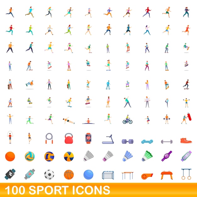 100 icone sportive impostate. Un'illustrazione del fumetto di 100 icone di sport insieme vettoriale isolato su sfondo bianco