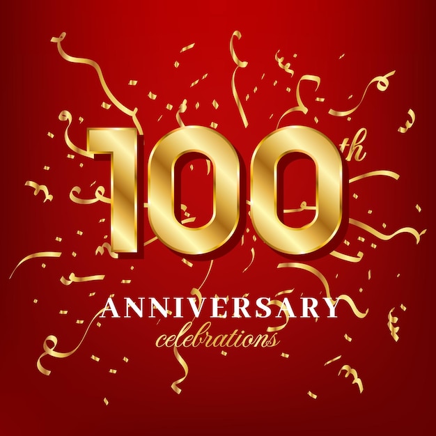 100 numeri d'oro e testo celebrativo dell'anniversario con coriandoli dorati sparsi su sfondo rosso