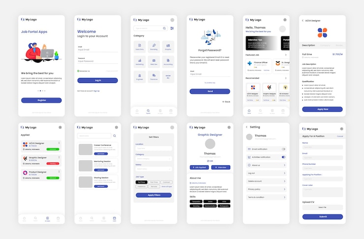 Vettore 13 schermata interfaccia dell'app job fortal