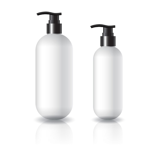 2 misure di flacone cosmetico rotondo ovale bianco con testa della pompa nera per un prodotto di bellezza o salutare.