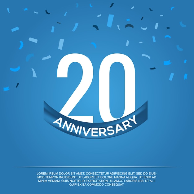 20° anniversario, disegno vettoriale per la celebrazione dell'anniversario con colore blu e bianco.