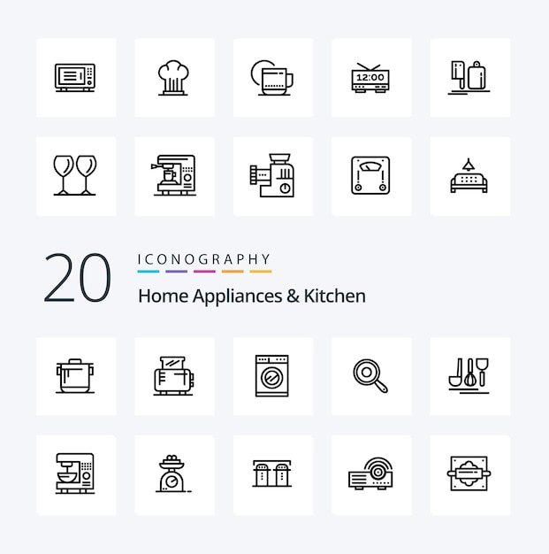 20 Elettrodomestici e linea icona della cucina Pack come pan casa lavatrice cucina