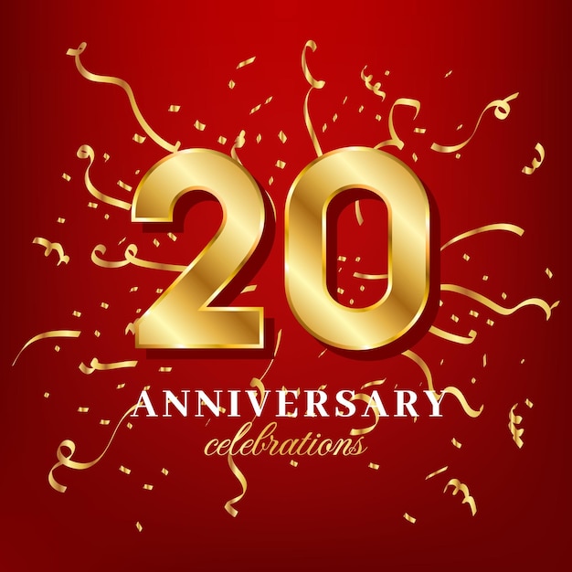 20 numeri d'oro e testo celebrativo dell'anniversario con coriandoli dorati sparsi su sfondo rosso