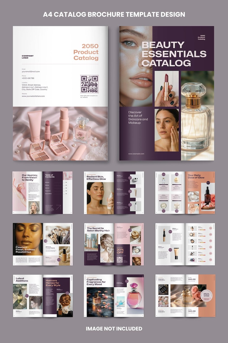20 pagine Catalogo bellezza e cosmetici Brochure Template Elegant A4 Catalogo prodotti Design per skincare Makeup Haircare fragranze e strumenti di bellezza con layout InDesign modificabile