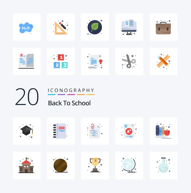 20 Ritorno a scuola Flat Color icon Pack come libri scuola carta istruzione a