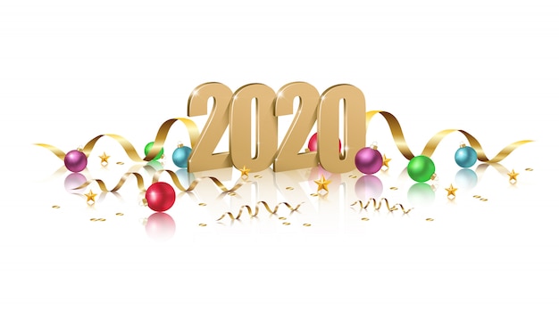 2020 banner con lettere d'oro 3d, scintillii, nastri e palline colorate di Natale con la riflessione