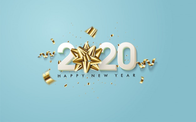 2020 felice anno nuovo con illustrazioni di figure bianche 3d e nastri d'oro 3d sull'oceano blu