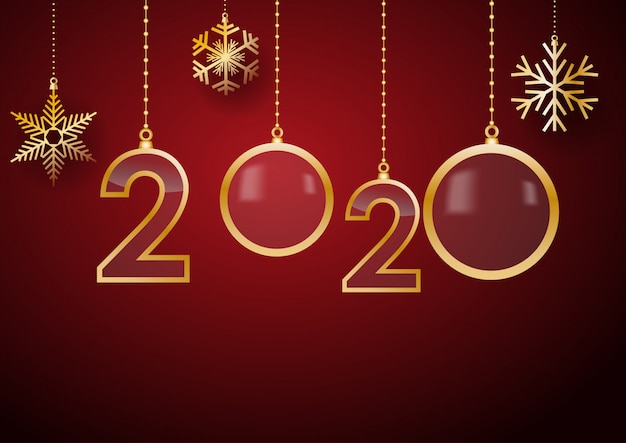 2020 Happy New Year celebrare la carta con i saluti delle vacanze, testo appeso d'oro, sfondo rosso con la neve