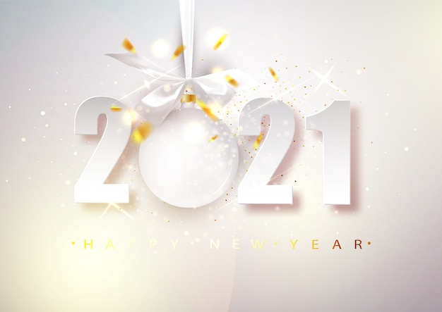 2021 vettore felice anno nuovo. Banner di Natale luminoso con numeri e una palla appesa.