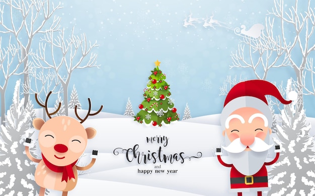 2022 Buon Natale Buon Natale compagni. Babbo Natale, pupazzo di neve, renna ed elfo nella scena della neve di Natale con stile artigianale sullo sfondo.