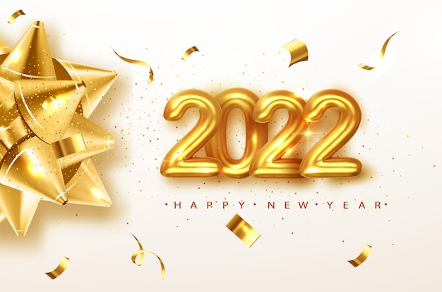 2022 Felice Anno Nuovo saluto sfondo con fiocco d'oro. Illustrazione di Natale di vettore.
