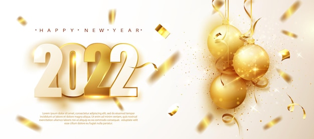 2022 numeri d'oro con palloncini dorati e coriandoli luccicanti. Banner di Capodanno con decorazione. Per volantini per feste di Natale e vacanze invernali.