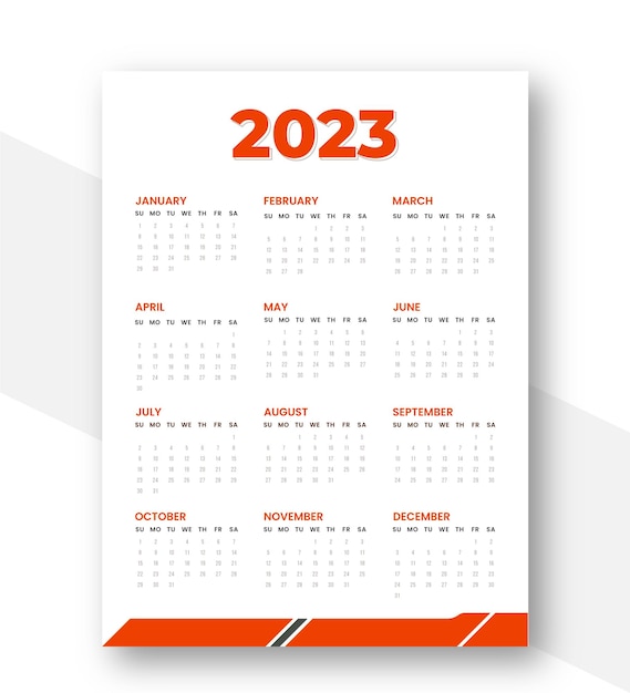 2023, 12 mesi, modello di progettazione calendario A4.