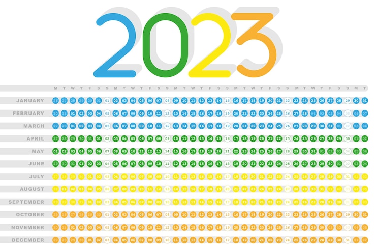 Vettore 2023 calendario orizzontale colorato design semplice blu verde giallo e arancione