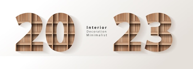 2023 Nuovo anno con mensola in legno design con lettere dell'alfabeto Decorazione d'interni Concetto di idea minimalista Illustrazione vettoriale Modello di layout moderno