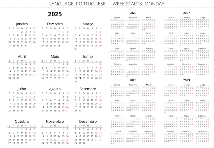 Vettore 2025 2026 2027 2028 2029 calendari dell'anno portoghese illustrazione vettoriale stampabile per il portogallo