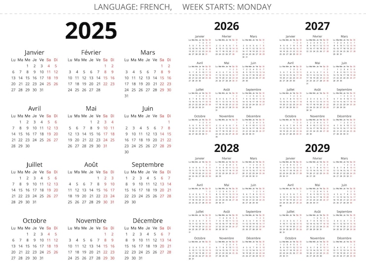 Vettore 2025-2027-2028-2029 anno calendari francesi illustrazione vettoriale stampabile per il calendario francese