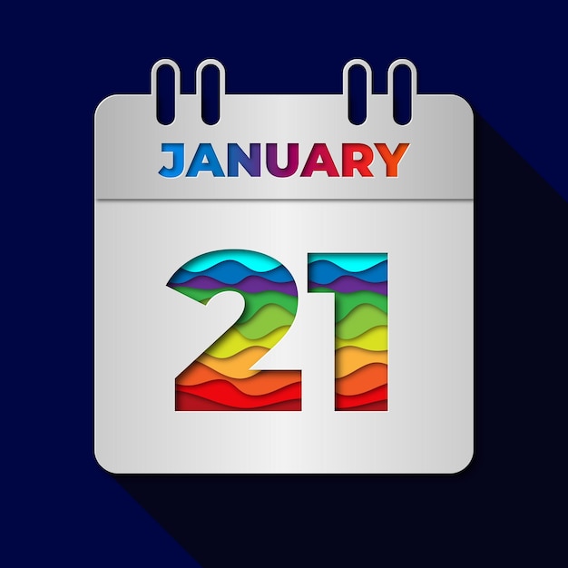 21 gennaio calendario data piatto taglio di carta minimo illustrazione di design in stile artistico
