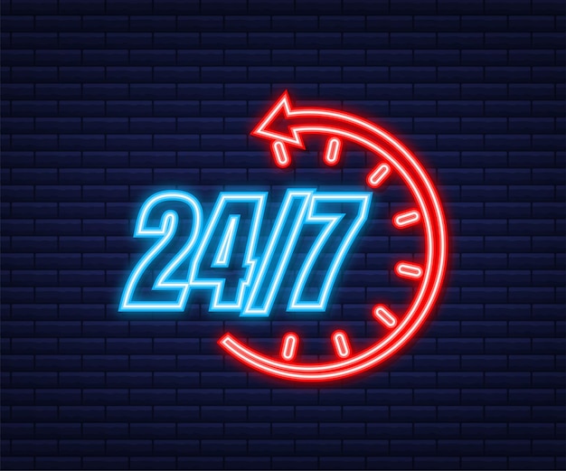 24-7 concetto di servizio. 24-7 aperto. Icona al neon. Icona del servizio di supporto. Illustrazione di riserva di vettore.