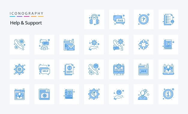 25 Aiuto e supporto Pacchetto icone blu Illustrazione delle icone vettoriali