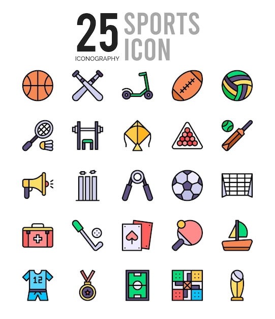 25 Illustrazione vettoriale del pacchetto di icone a colori lineari sportivi