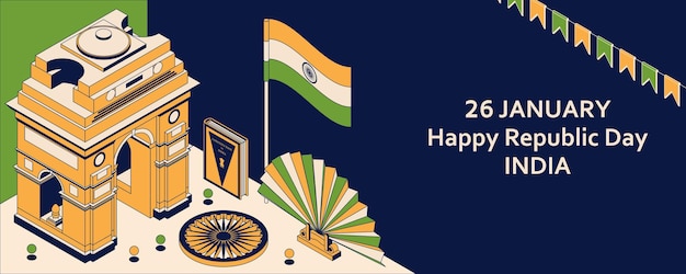 26 gennaio Festa della Repubblica indiana. Biglietto di auguri in stile isometrico con Indian Gates.