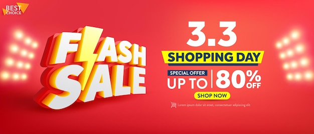 3 marzo Shopping Day Poster o banner con grande testo 3D Flash Sale su sfondo rosso