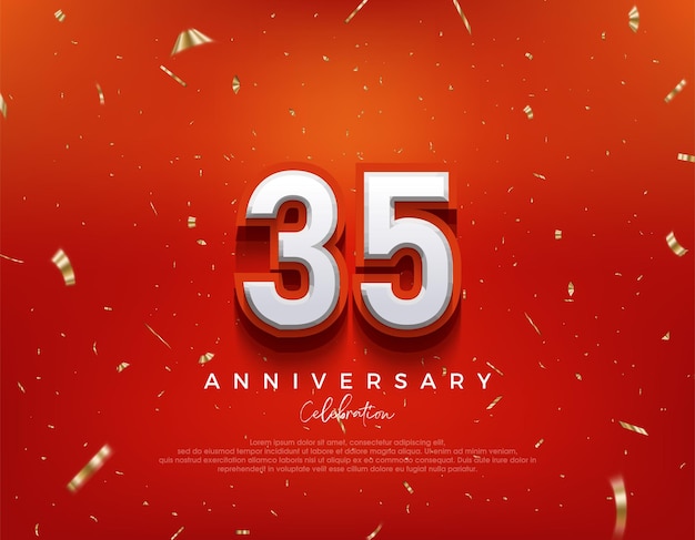 35° anniversario con numeri 3d bianchi su sfondo rosso fantasia Sfondo vettoriale premium per auguri e celebrazioni