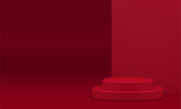 3d cilindro rosso passo podio piedistallo showroom con sfondo parete vettore realistico
