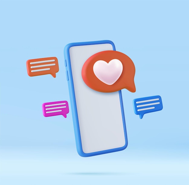 3D come icona con cuore e smartphone