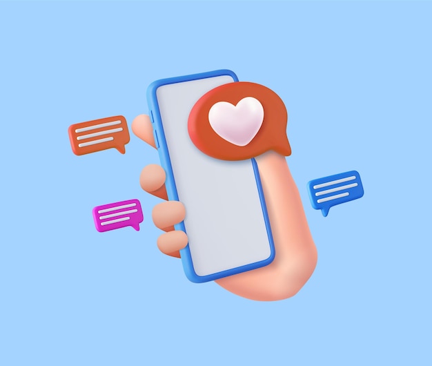 3D come icona con cuore e smartphone
