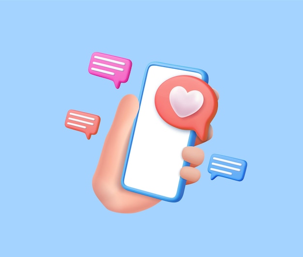 3D come icona con cuore e smartphone
