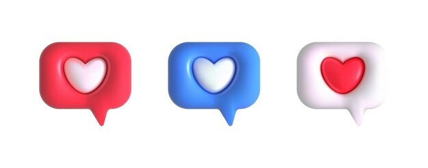3d come icona del cuore fumetto Icone social media forme diverse Messaggio amore pulsante boxfollow come elemento preferito Illustrazione vettoriale realistica